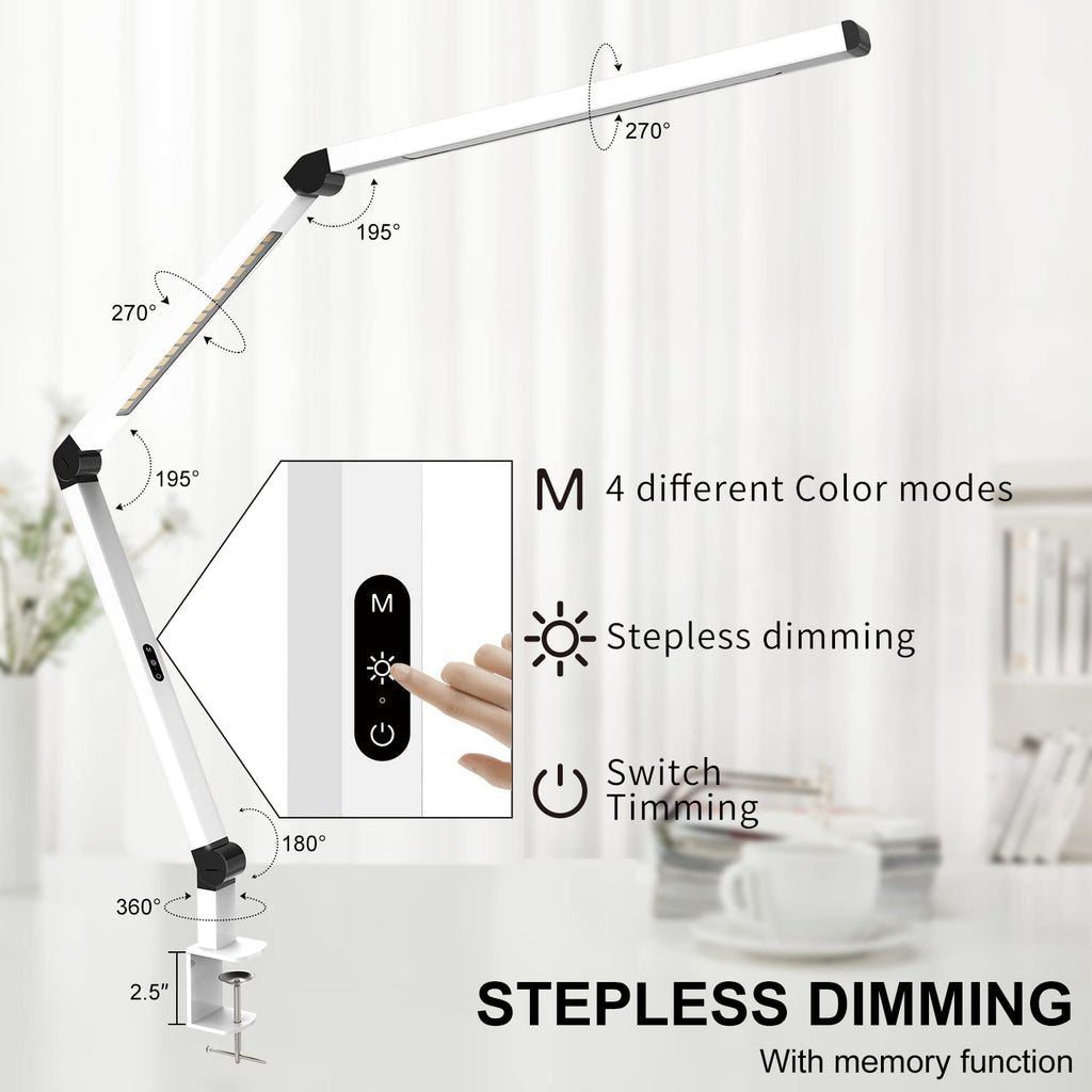 LED Desk Lamp with Clamp, Dual Light Table Lamp with Adjustable Swing Arm, Eye-Care 4 CCT Modes & 5 Brightness Levels Clip-on Architect Modern Desk Light for Home Office Crafting Sewing