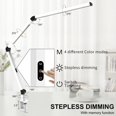 LED Desk Lamp with Clamp, Dual Light Table Lamp with Adjustable Swing Arm, Eye-Care 4 CCT Modes & 5 Brightness Levels Clip-on Architect Modern Desk Light for Home Office Crafting Sewing