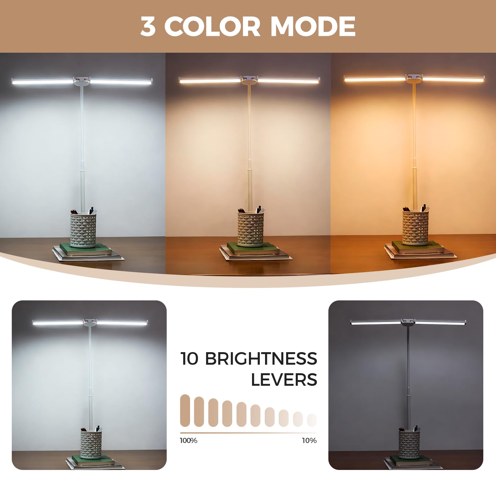 LED Desk Lamp for Home Office, Double Head Architect Light with Clamp, Computer Monitor Clip on Light, 3 Modes and 10 Brightness, Adjustable Flexible Goose-Neck, Table Task Lamp, White