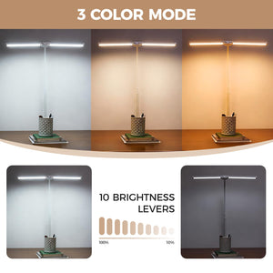 LED Desk Lamp for Home Office, Double Head Architect Light with Clamp, Computer Monitor Clip on Light, 3 Modes and 10 Brightness, Adjustable Flexible Goose-Neck, Table Task Lamp, White