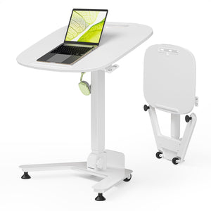 Foldable Pneumatic Height Adjustable Mobile Standing Desk with 90° Tiltable Tabletop, 27.2x18.9 Inch Portable Laptop Desk with Wheels, Holds Up to 66.1lbs for Home Office, Study, White