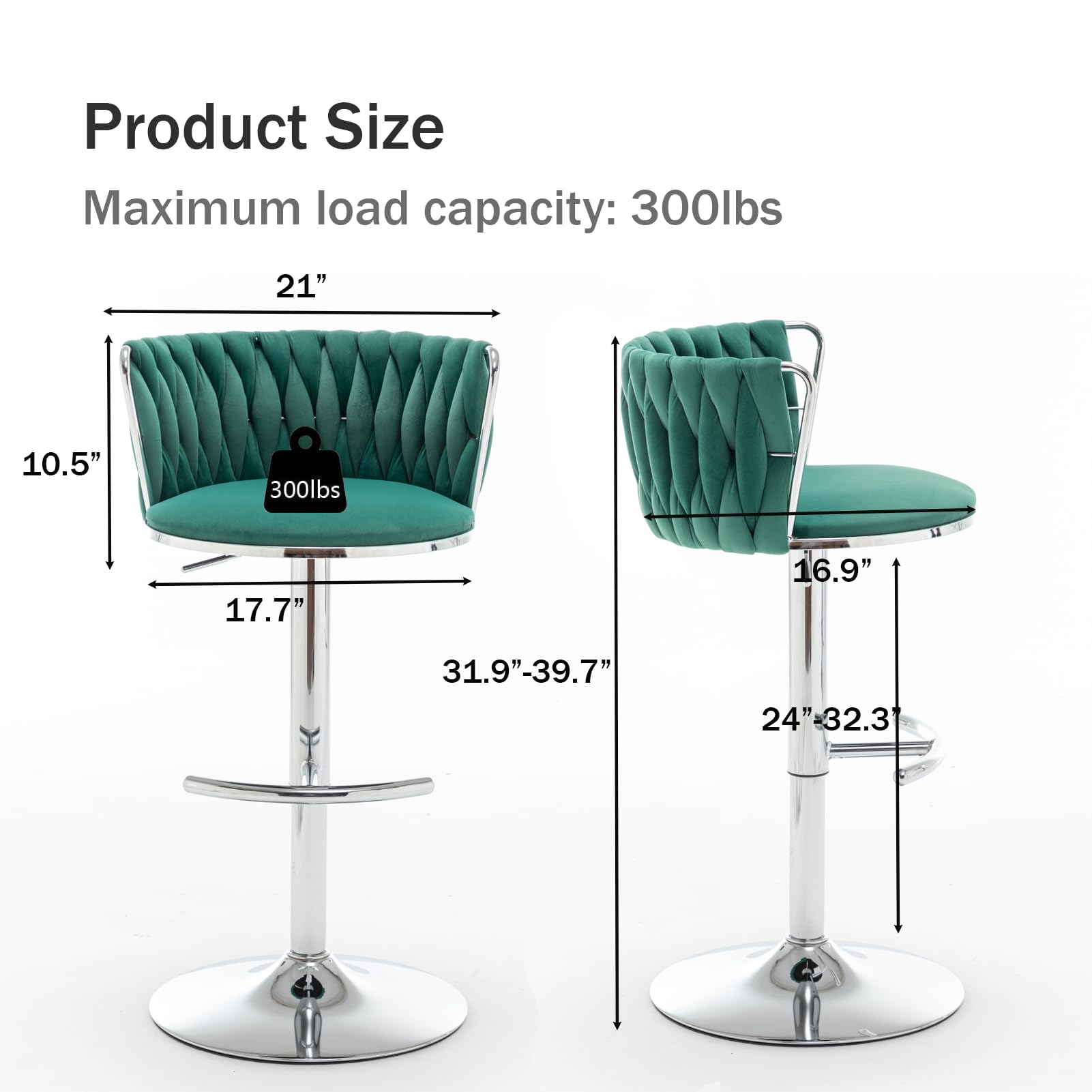Velvet Bar Stools Set of 3, Swivel Counter Height Bar Stools with Back, Adjustable Woven Barstools for Kitchen Island, Pub, Club (Green)