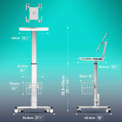 Adjustable Rolling Medical Cart: Pneumatic Mobile Workstation with iPad Enclosure for 9.7-13