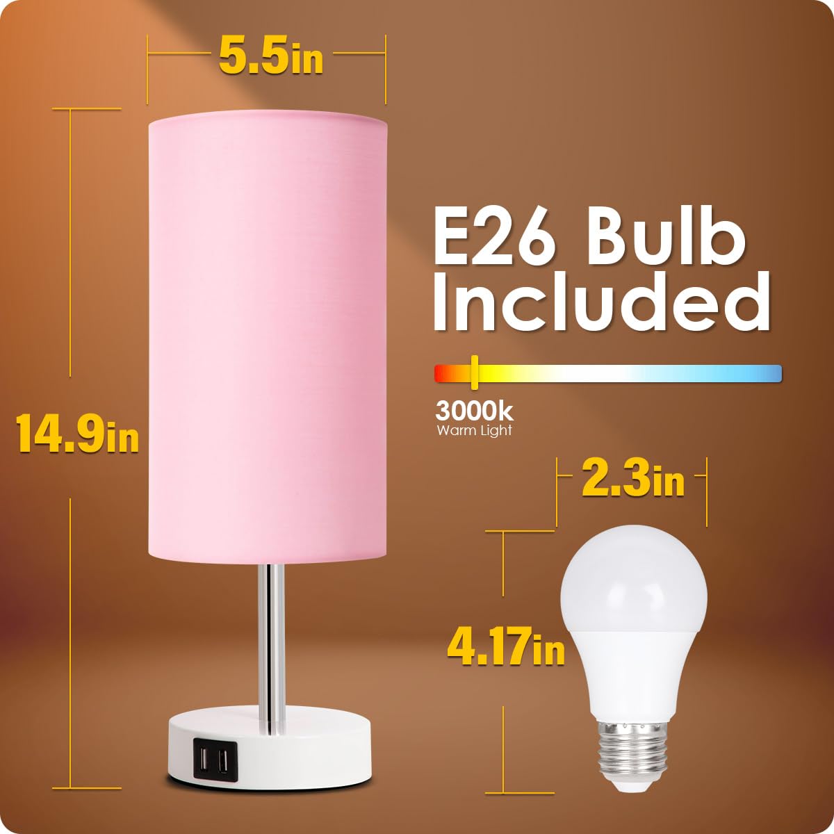 Desk Lamp with USB Port, Touch Control Desk Lamp with 3 Levels Brightness, Bedside Table Lamp with Round Pink Shade for Bedroom, Living Room, Dorm, Home Office