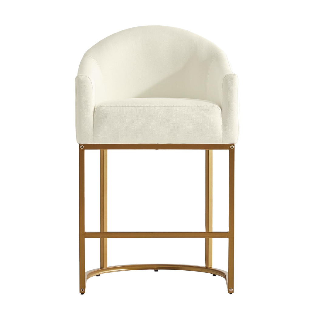 26" Modern Counter Height Bar Stools,Barstools with Arms,Kitchen Island Chairs,Fabric Upholstered Barrel Bar Stools with Backs,Metal Gold Frames,Off White Linen