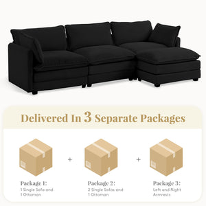 112'' Sectional Modular Cloud Couch, Oversized L Shaped 3 Seat Sofa with Movable Ottomans, 2 Throw Pillows, Upholstered Corduroy L Shape Comfy Deep Couches for Living Room and Office, Black