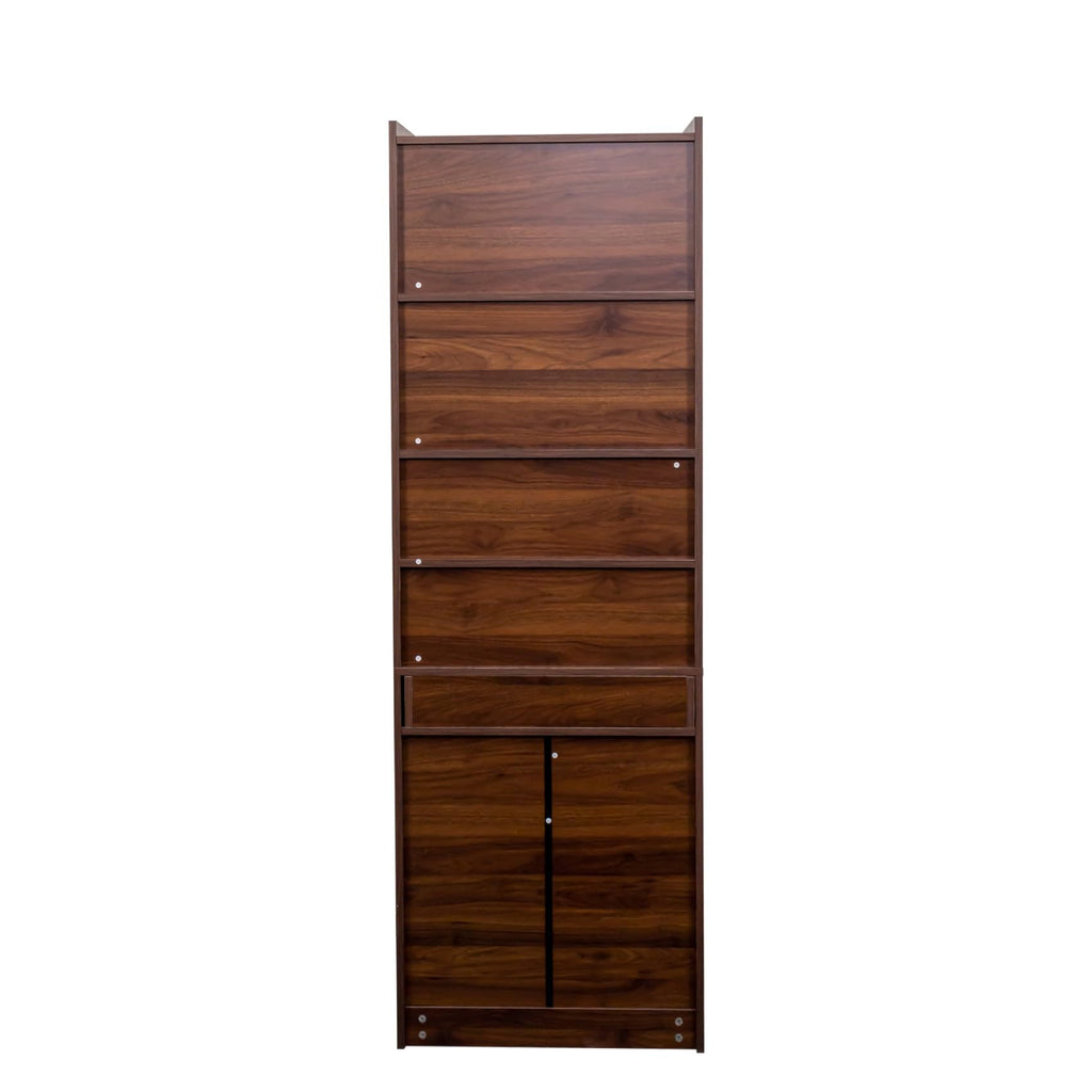 Fold-Out Home Office Desks Writing Table with Glass Doors, Drawers, Bookshelf & Storage Shelves, Modern Wooden Convertible Workstation for Work, Study