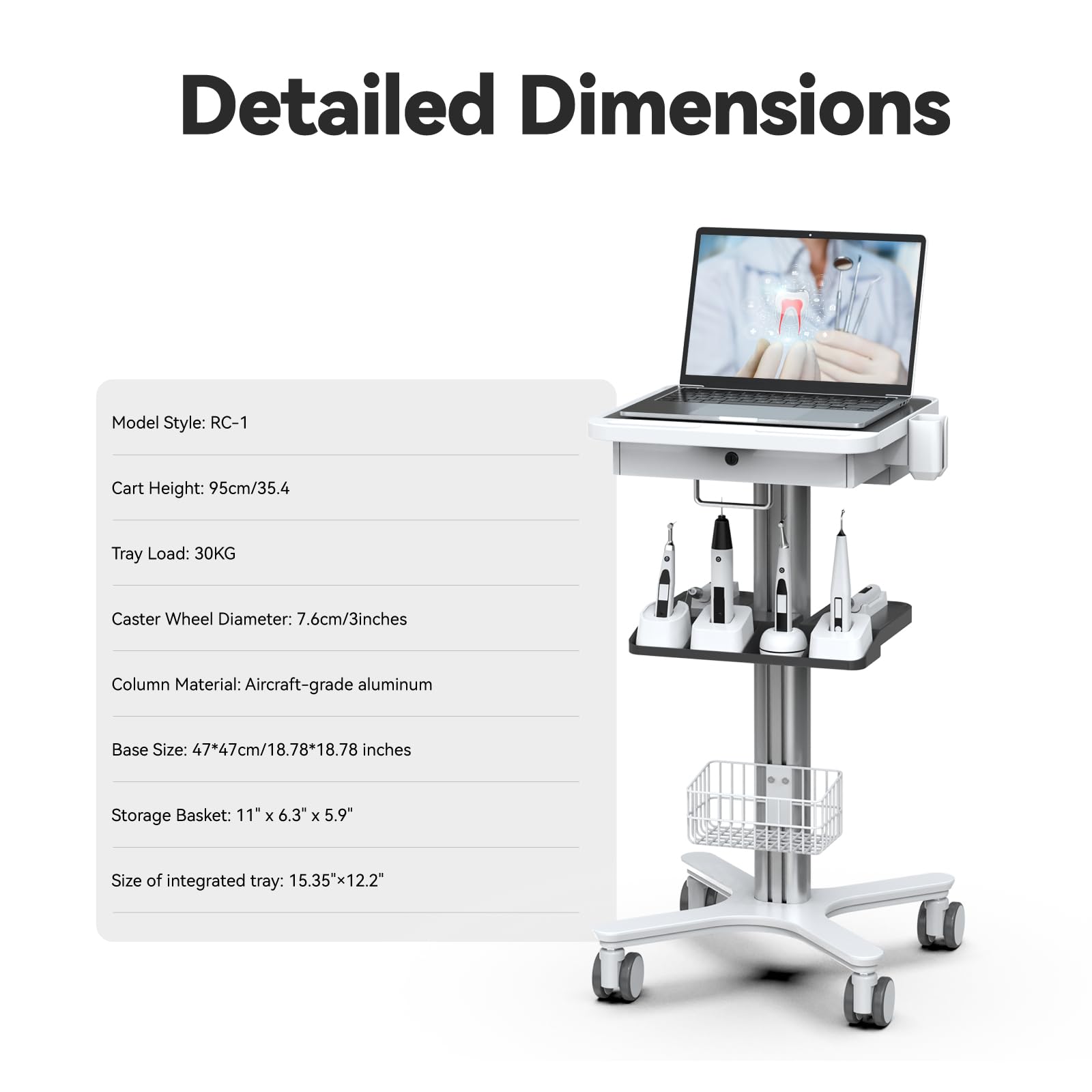 Medical Trolley Cart with Laptop Tray, Mobile Dental Clinic Workstation with Oral Scanner Holder for Hospitals Beauty Salon and Labs