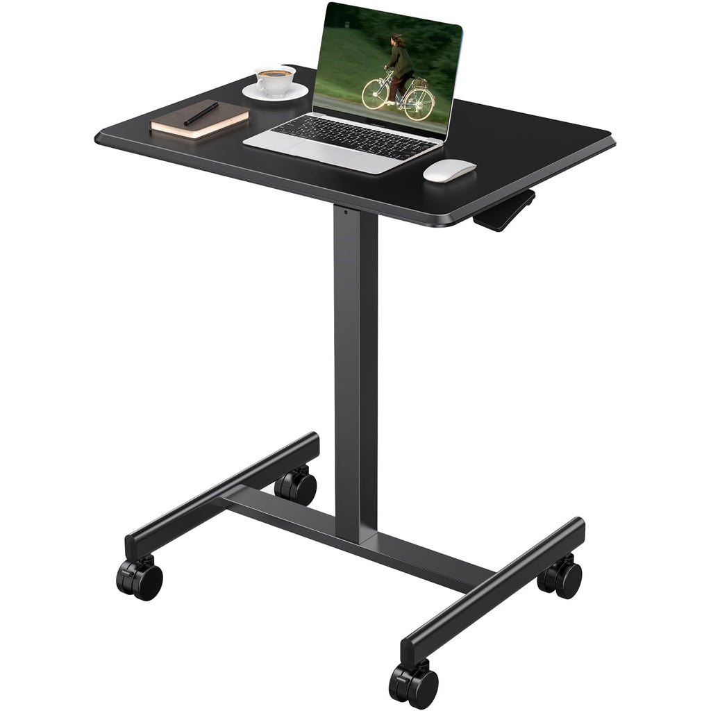 Mobile Small Standing Desk, Portable Rolling Laptop Desk with 2 Lockable Wheels, Adjustable Height Computer Workstation for Home Office, 19 Inch Black