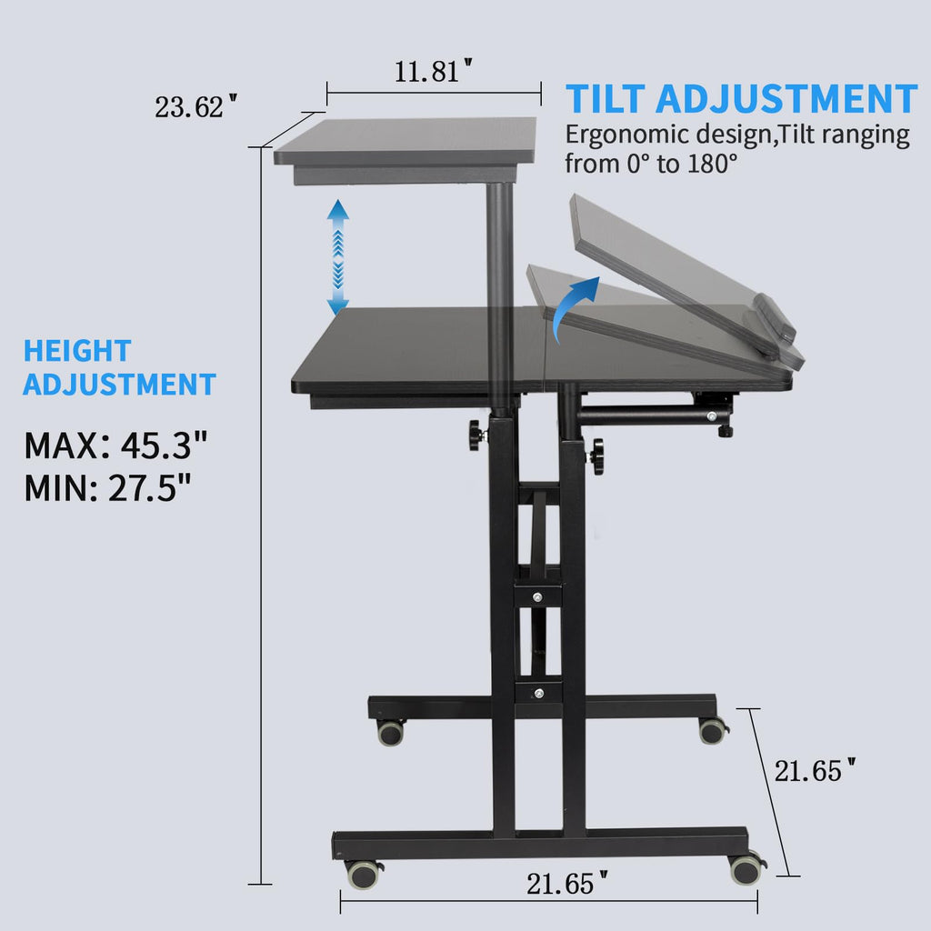 Mobile Standing Desk with Charging Station, Adjustable Standing Computer Desk, Standing Adjustable Laptop Cart with Wheels for Home Office Classroom Black