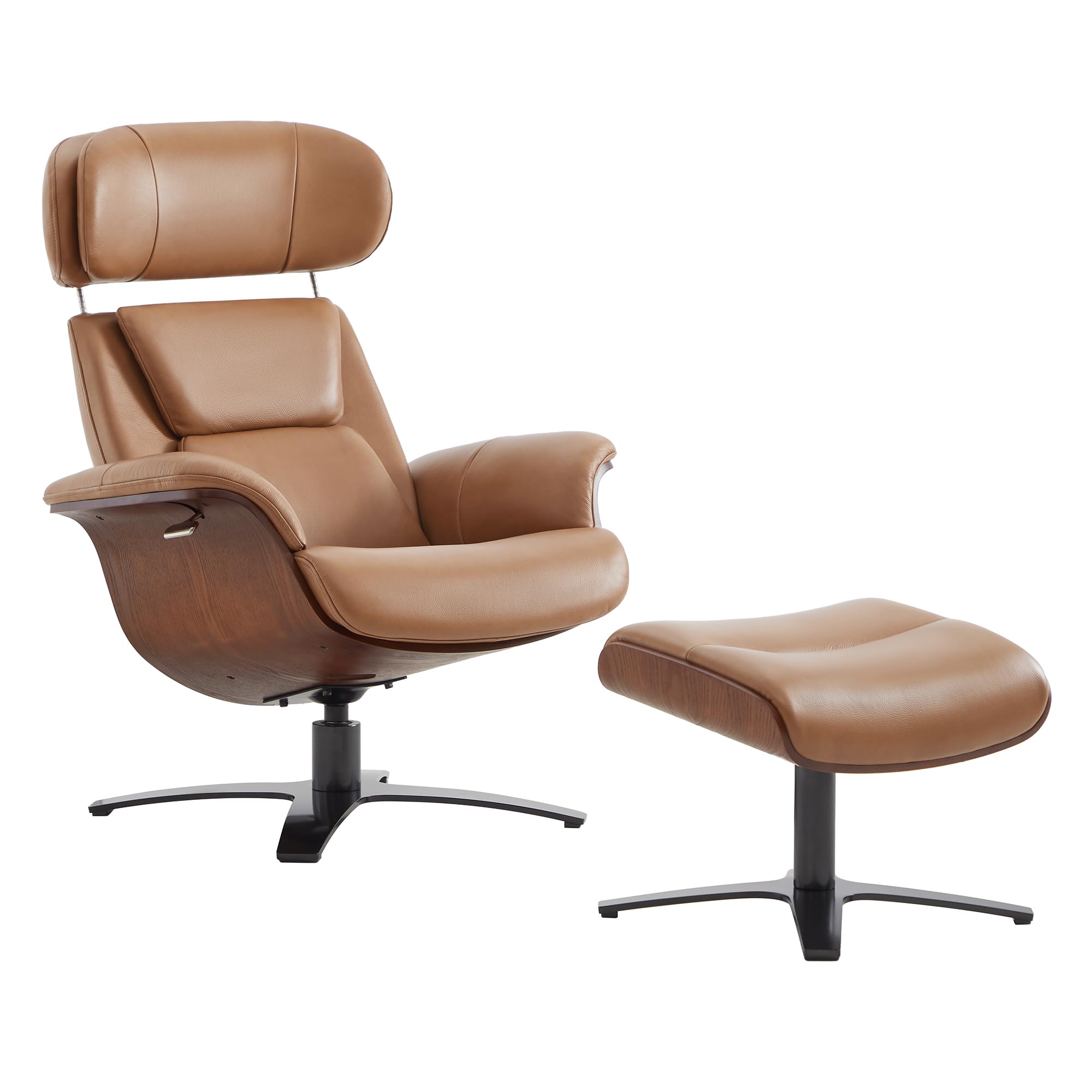 Genuine Leather Reclining Swivel Chair with Adjustable Headrest and Ottoman for Living Room, Saddle