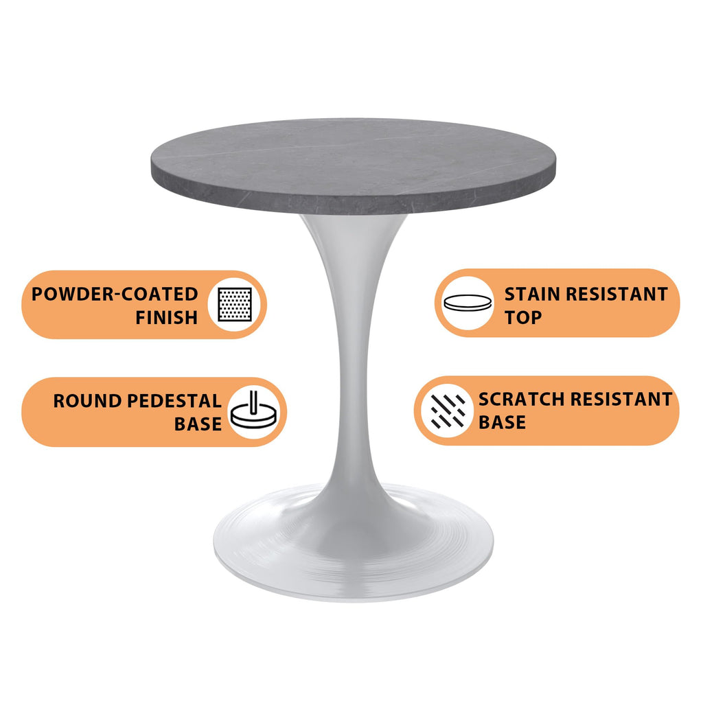 Mid-Century Modern Dining Table with a 27" Round Sintered Stone Tabletop and White Stainless Steel Pedestal Base for Kitchen and Dining Room (Grey)