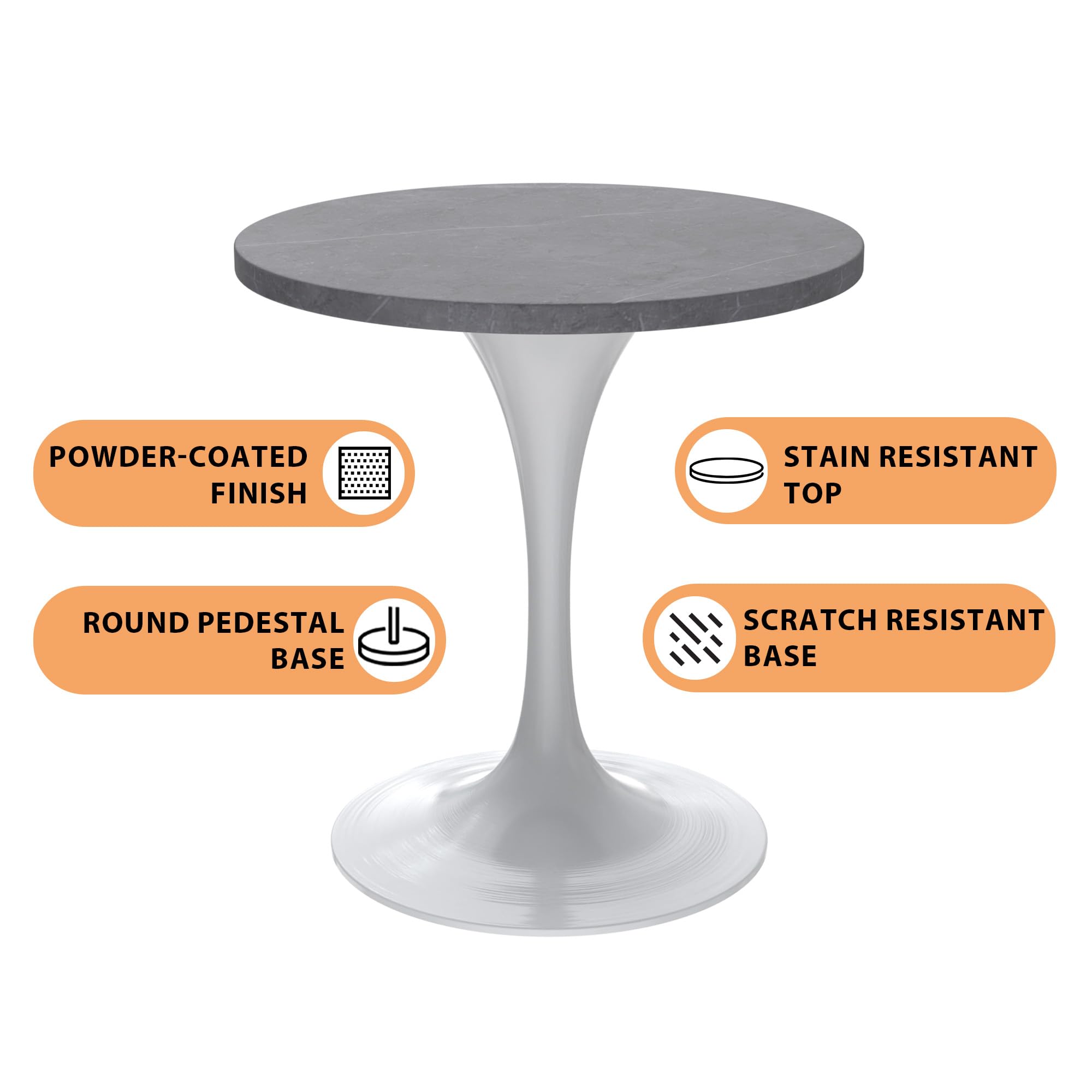 Mid-Century Modern Dining Table with a 27" Round Sintered Stone Tabletop and White Stainless Steel Pedestal Base for Kitchen and Dining Room (Grey)