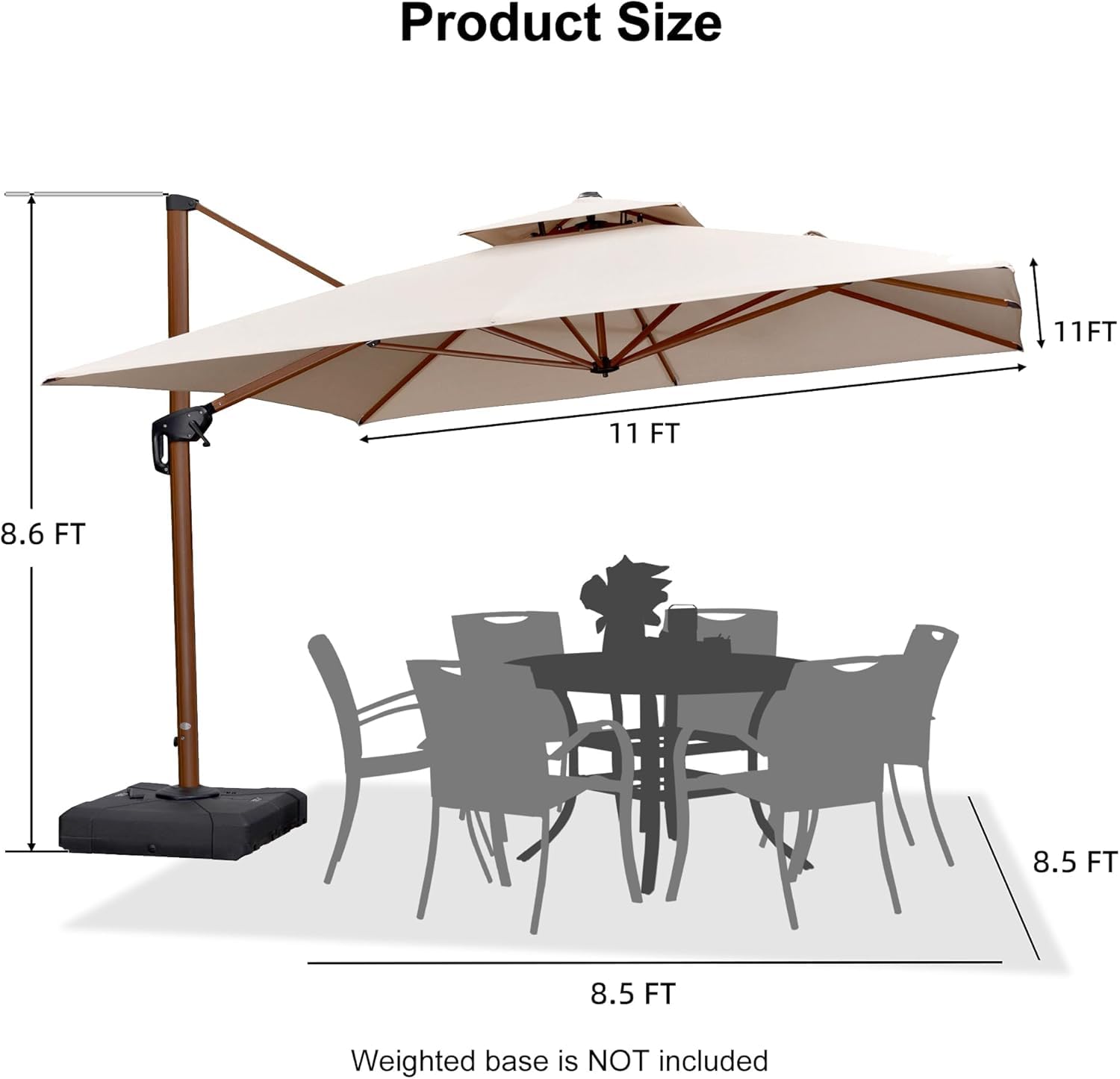 11' X 11' Patio Umbrella Cantilever Outdoor Umbrellas Square Large Parasol Windproof Sunshade Heavy Duty Sun Umbrellas for Deck Pool Patio Garden, Beige