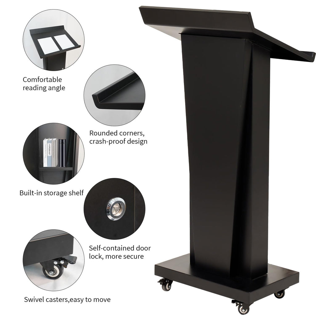 Metal Podium Stand with Wheels, Heavy-Duty Rolling Lectern for Classroom, Church & Office Presentations, Large Top, Locking Casters, Stable Base