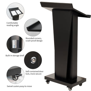 Metal Podium Stand with Wheels, Heavy-Duty Rolling Lectern for Classroom, Church & Office Presentations, Large Top, Locking Casters, Stable Base