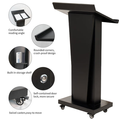 Metal Podium Stand with Wheels, Heavy-Duty Rolling Lectern for Classroom, Church & Office Presentations, Large Top, Locking Casters, Stable Base