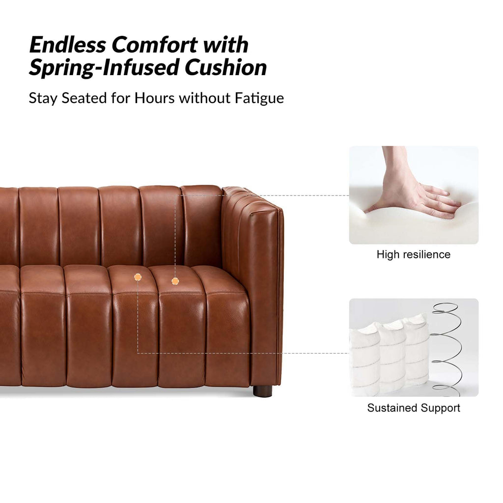 83" Genuine Leather Sofa with Channel Tufted Design, 3-Seater Sofa for Living Room Bedroom, Modern Oversized Couch with Wood Legs, Brown