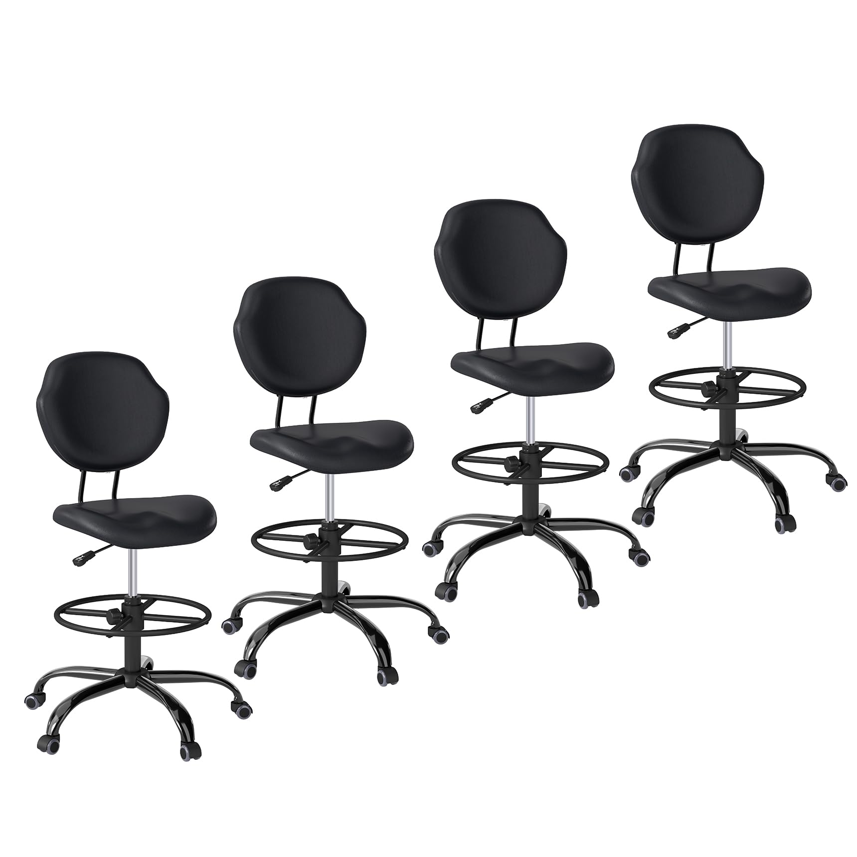 (Black, 4 Pack) Drafting Chair with Back Support, Tall/High Desk Rolling Stool, Faux Leather Office Chair with Height Adjustable for Standing Desk, Home Office, Bar, Workbench & Kitchen
