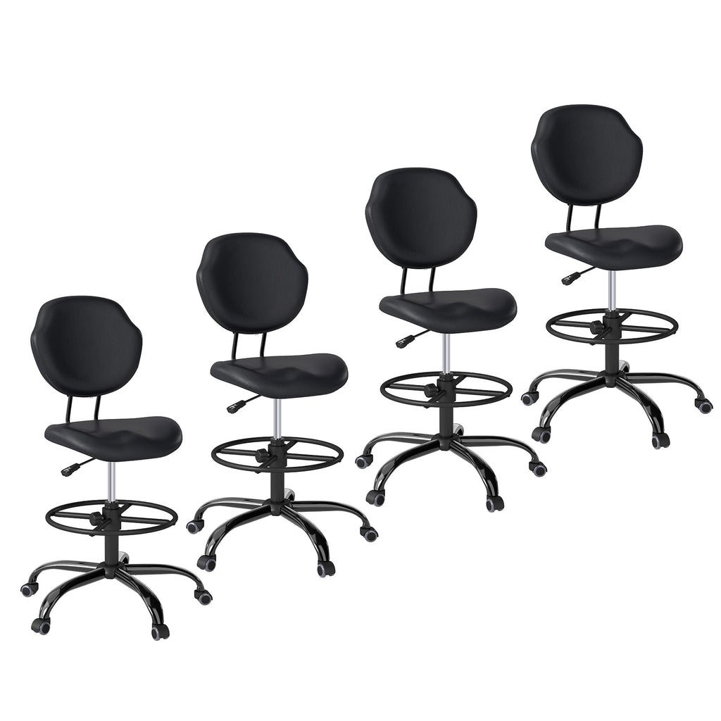 (Black, 4 Pack) Drafting Chair with Back Support, Tall/High Desk Rolling Stool, Faux Leather Office Chair with Height Adjustable for Standing Desk, Home Office, Bar, Workbench & Kitchen