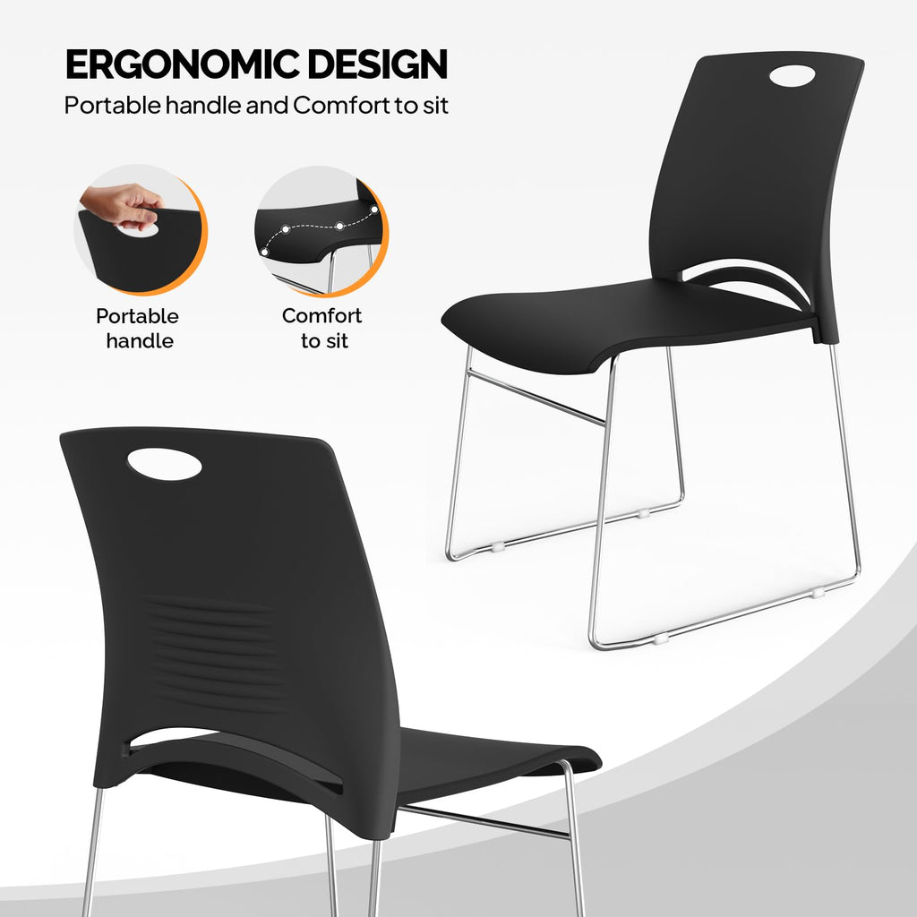 Stacking Chairs Set of 4 Stackable Office Chairs with Metal Sled Base, Ergonomic Plastic Seat, Stacking Chairs for Waiting Room Break Room Banquet Guest, Black