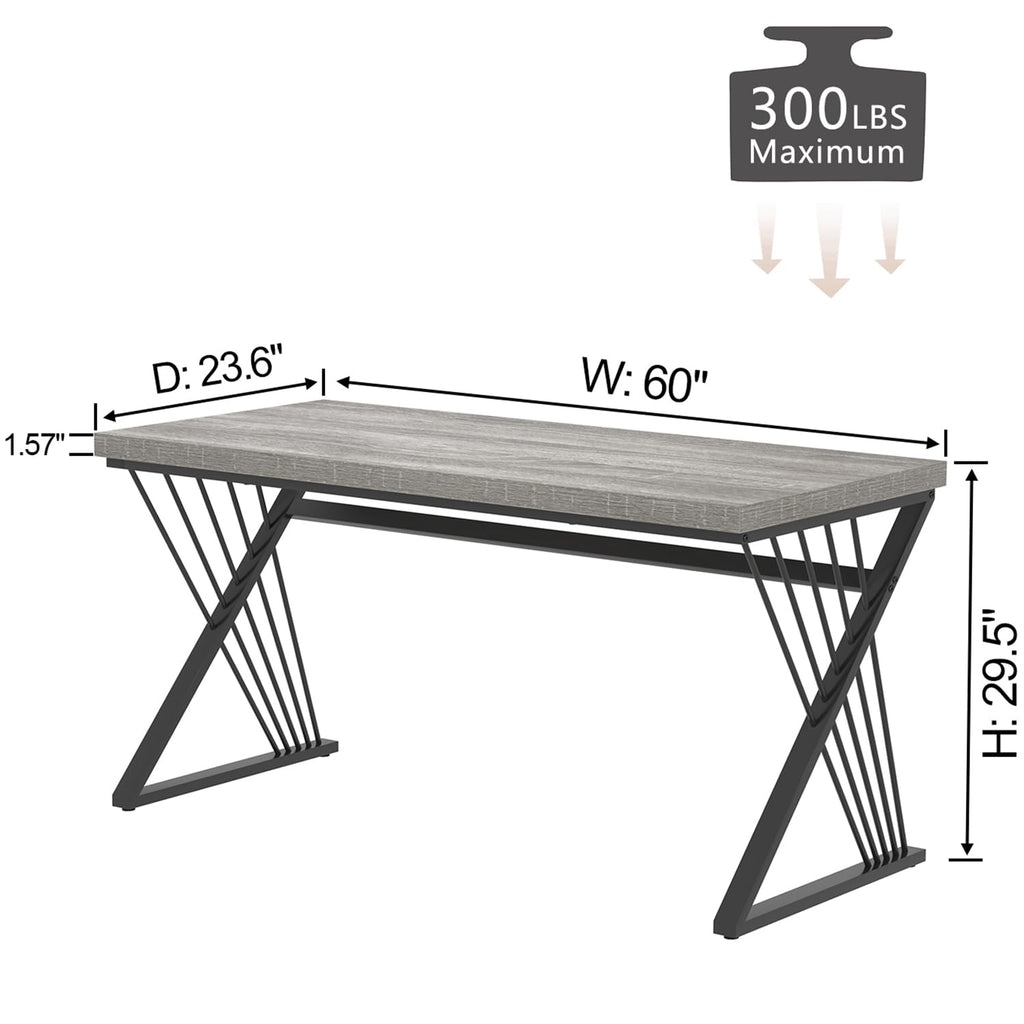 Modern Desk, Rustic Wood and Metal Computer Desks for Home Office, Simple Study Writing Work Table for Bedroom Living Room, Light Grey, 60 Inch