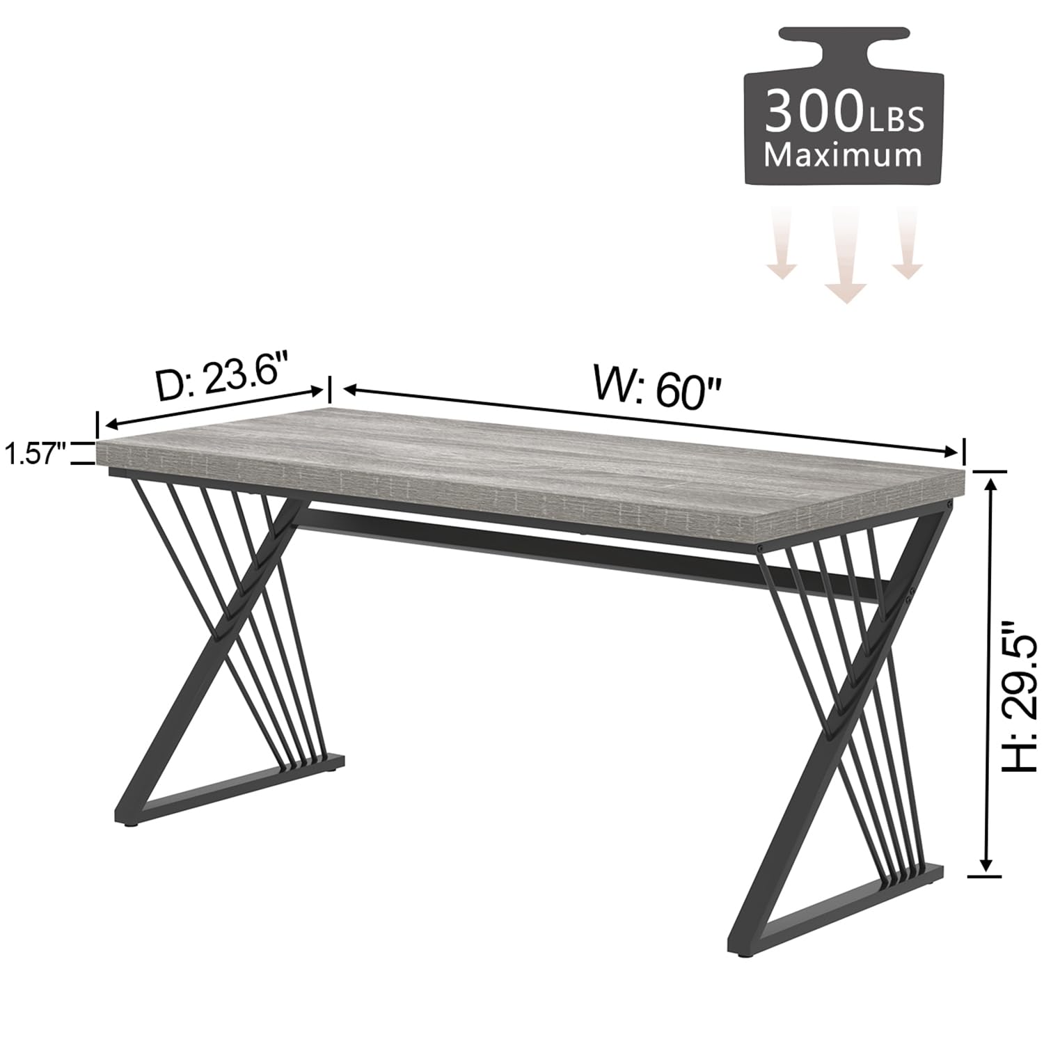 Modern Desk, Rustic Wood and Metal Computer Desks for Home Office, Simple Study Writing Work Table for Bedroom Living Room, Light Grey, 60 Inch