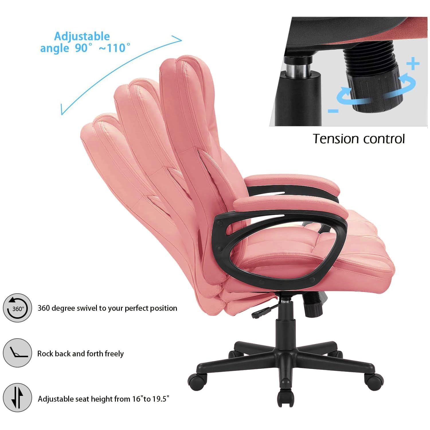 Office Executive Chair High Back Adjustable Managerial Home Desk Chair, Swivel Computer PU Leather Chair with Lumbar Support (2, Pink)
