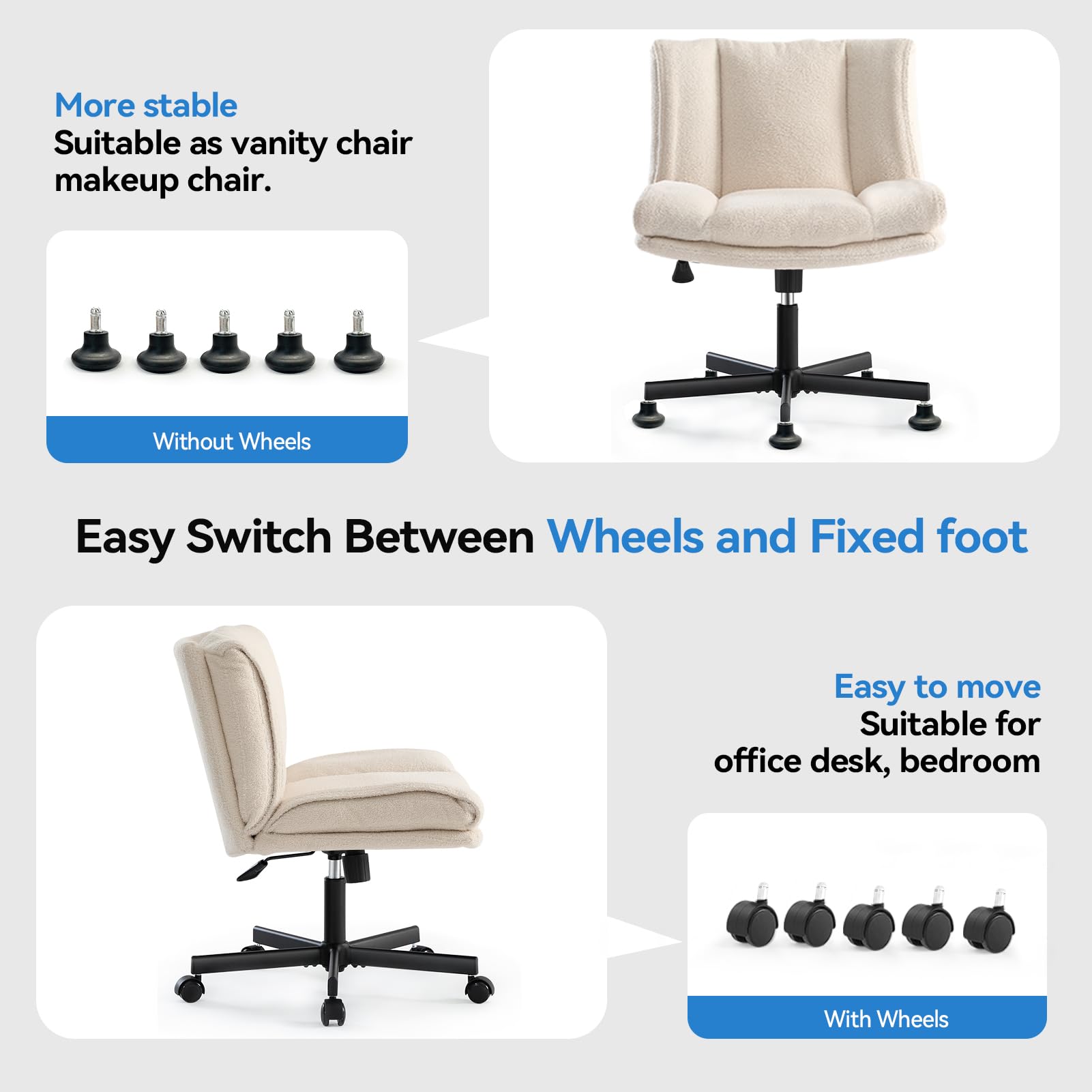 Criss Cross Chair with Wheels, Armless Makeup Chair with Wide Furry Seat, Height-Adjustable Vanity Chair, Convertible Between Fixed & Swivel Casters Office Chair Cross-Legged Chair - Cream