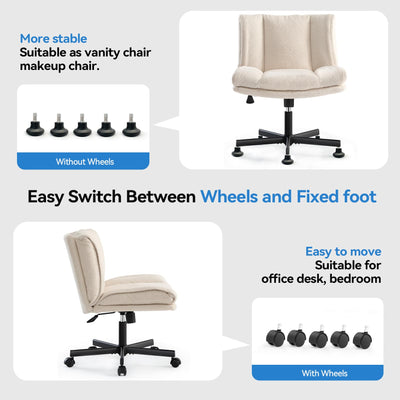 Criss Cross Chair with Wheels, Armless Makeup Chair with Wide Furry Seat, Height-Adjustable Vanity Chair, Convertible Between Fixed & Swivel Casters Office Chair Cross-Legged Chair - Cream