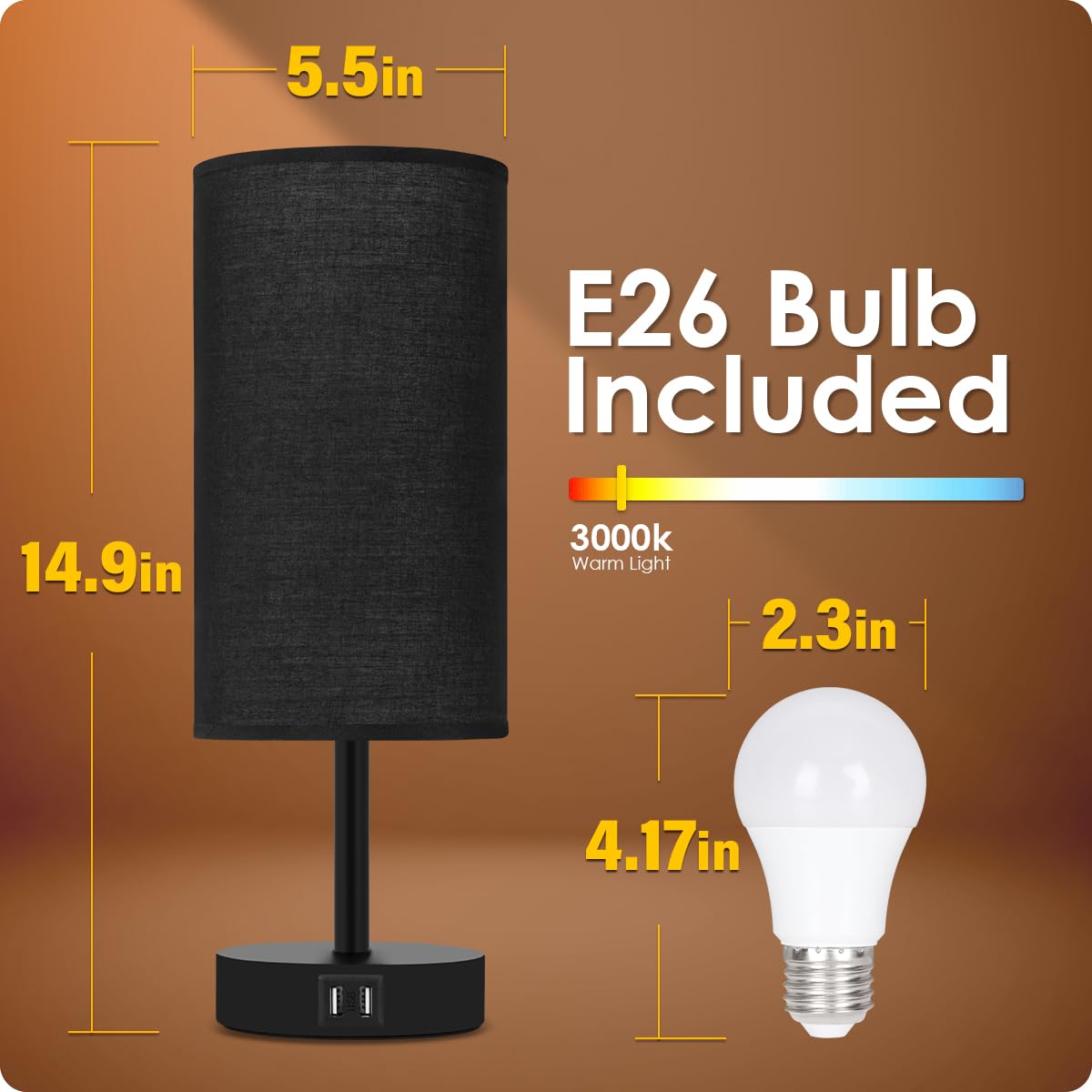 Bedside Lamp with USB Port - Touch Control Table Lamp for Bedroom 3 Way Dimmable Nightstand Lamp with Round Black Fabric Shade for Living Room, Dorm, Home Office (LED Bulb Included)