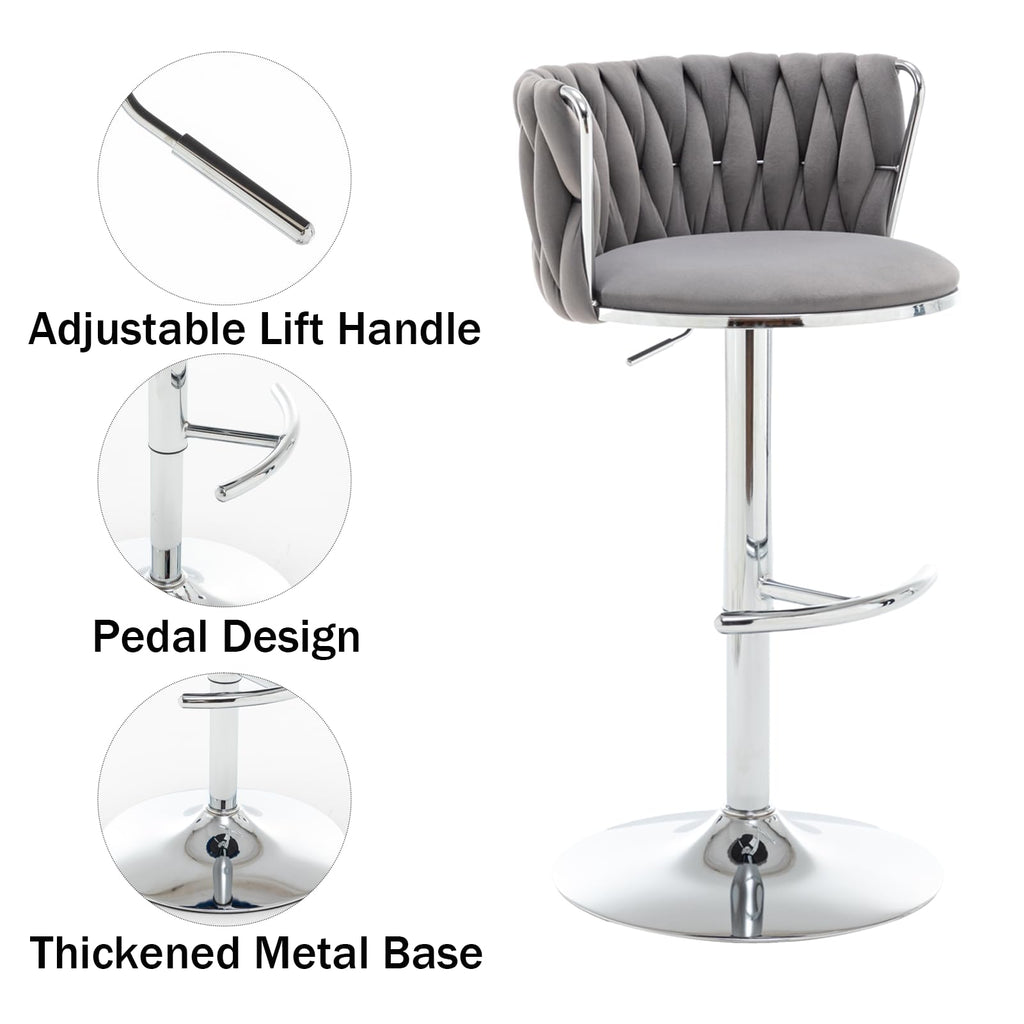 Velvet Bar Stools Set of 4, Swivel Counter Height Bar Stools with Back, Adjustable Woven Barstools for Kitchen Island, Pub, Club (Grey)