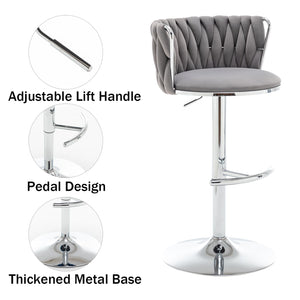 Velvet Bar Stools Set of 4, Swivel Counter Height Bar Stools with Back, Adjustable Woven Barstools for Kitchen Island, Pub, Club (Grey)