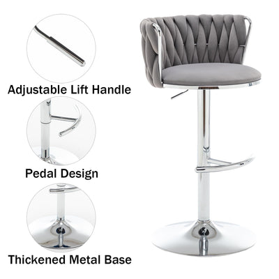 Velvet Bar Stools Set of 4, Swivel Counter Height Bar Stools with Back, Adjustable Woven Barstools for Kitchen Island, Pub, Club (Grey)