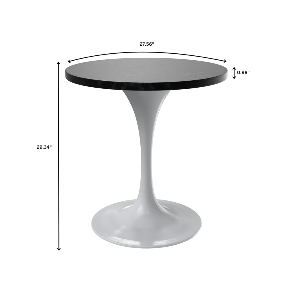 Mid-Century Modern 27 Inch Round Dining Table, MDF Wood Tabletop with White Steel Pedestal Base, Contemporary Kitchen & Dining Room Table, Small Space Breakfast Table, Black