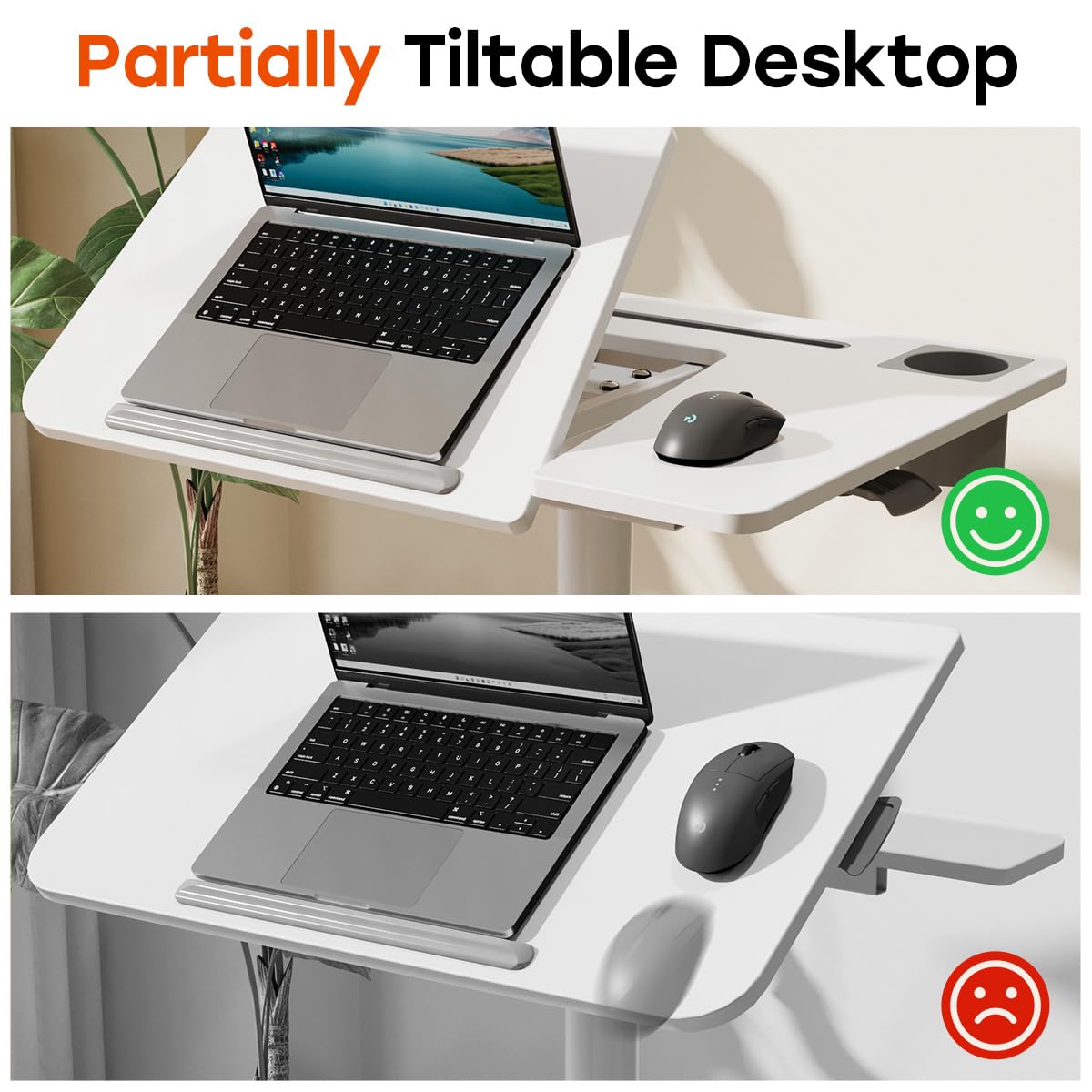Mobile Standing Desk, Height Adjustable Table, 60° Tiltable Rolling Laptop Desk, Portable Sit Stand Desk with Wheels Cup Holder for Bed Couch School, Holds Up to 22lbs, White