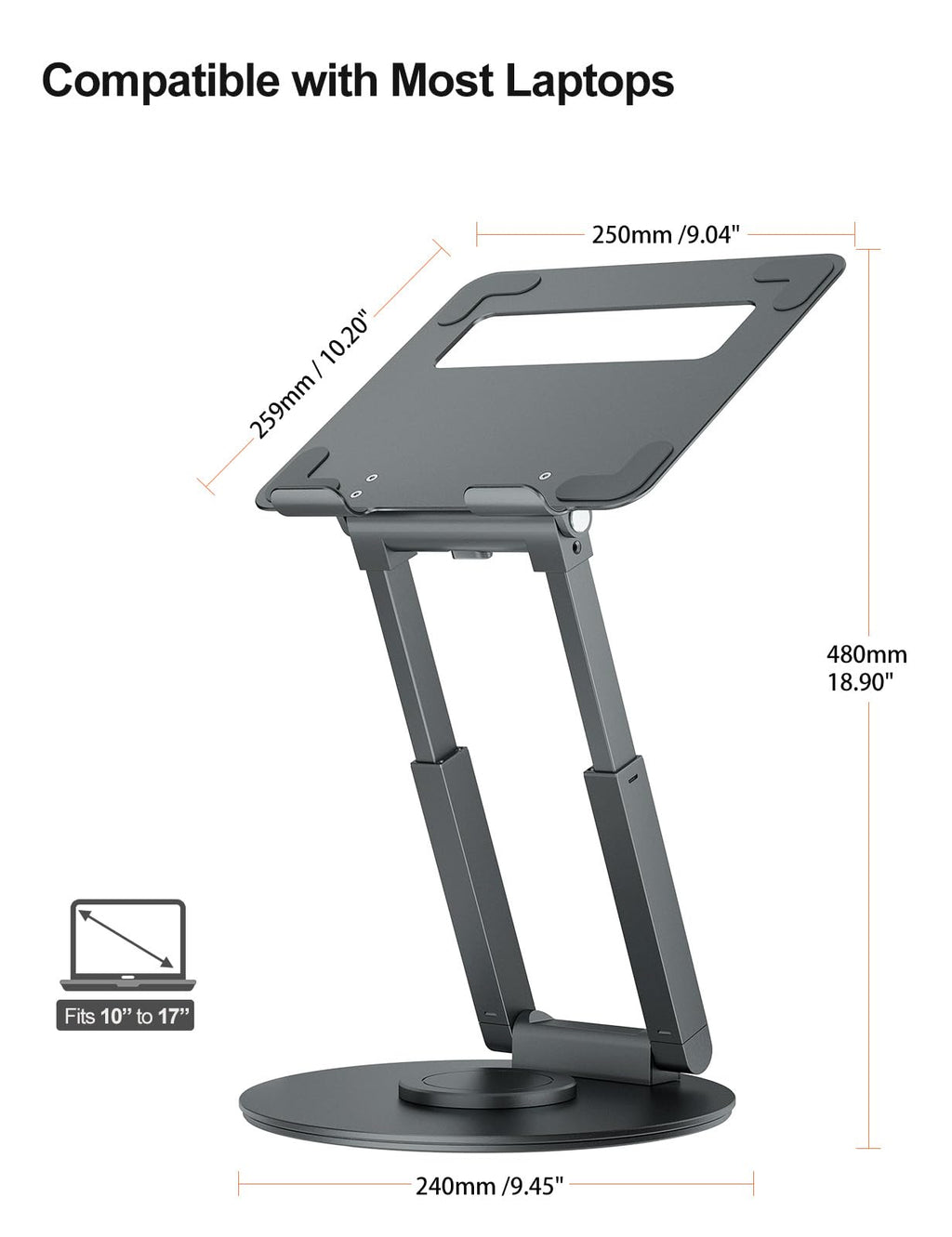 Laptop Stand for Desk with 360° Swivel Base, Sit to Stand, Height Adjustable, Portable Riser Holder for Good Posture, Compatible with MacBook Pro, All Laptops 10-17"-Gray