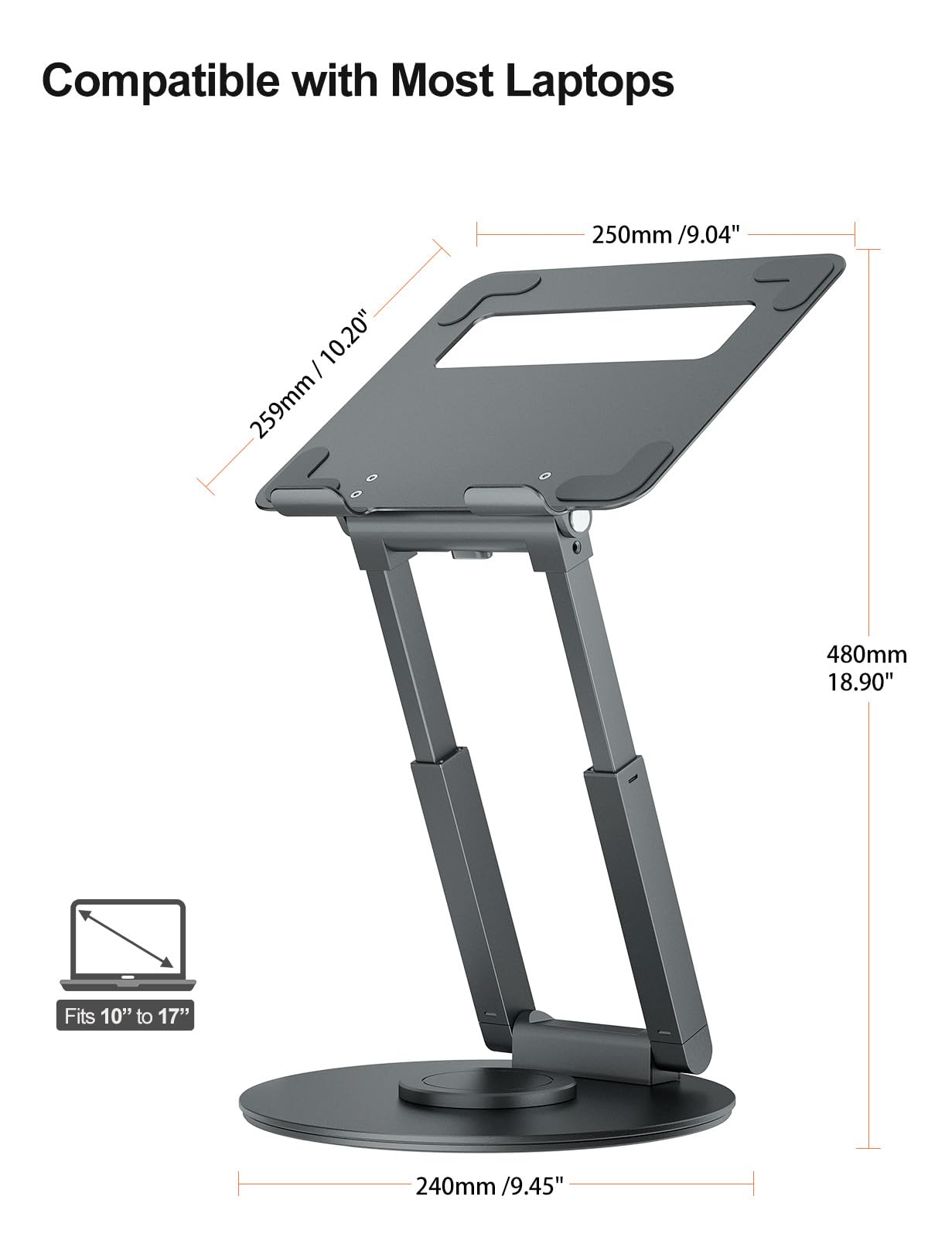 Laptop Stand for Desk with 360° Swivel Base, Sit to Stand, Height Adjustable, Portable Riser Holder for Good Posture, Compatible with MacBook Pro, All Laptops 10-17"-Gray