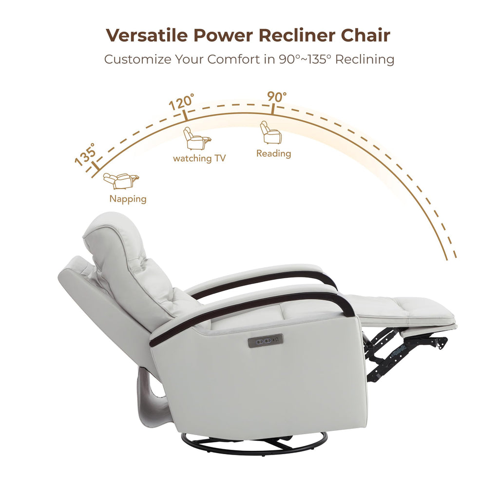 Genuine Leather Power Swivel Glider Rocker Recliner, FSC Certified Mid Century Modern Recliner Chair for Adults, Adjustable Power Headrest, for Nursery and Living Room, Creamy Grey
