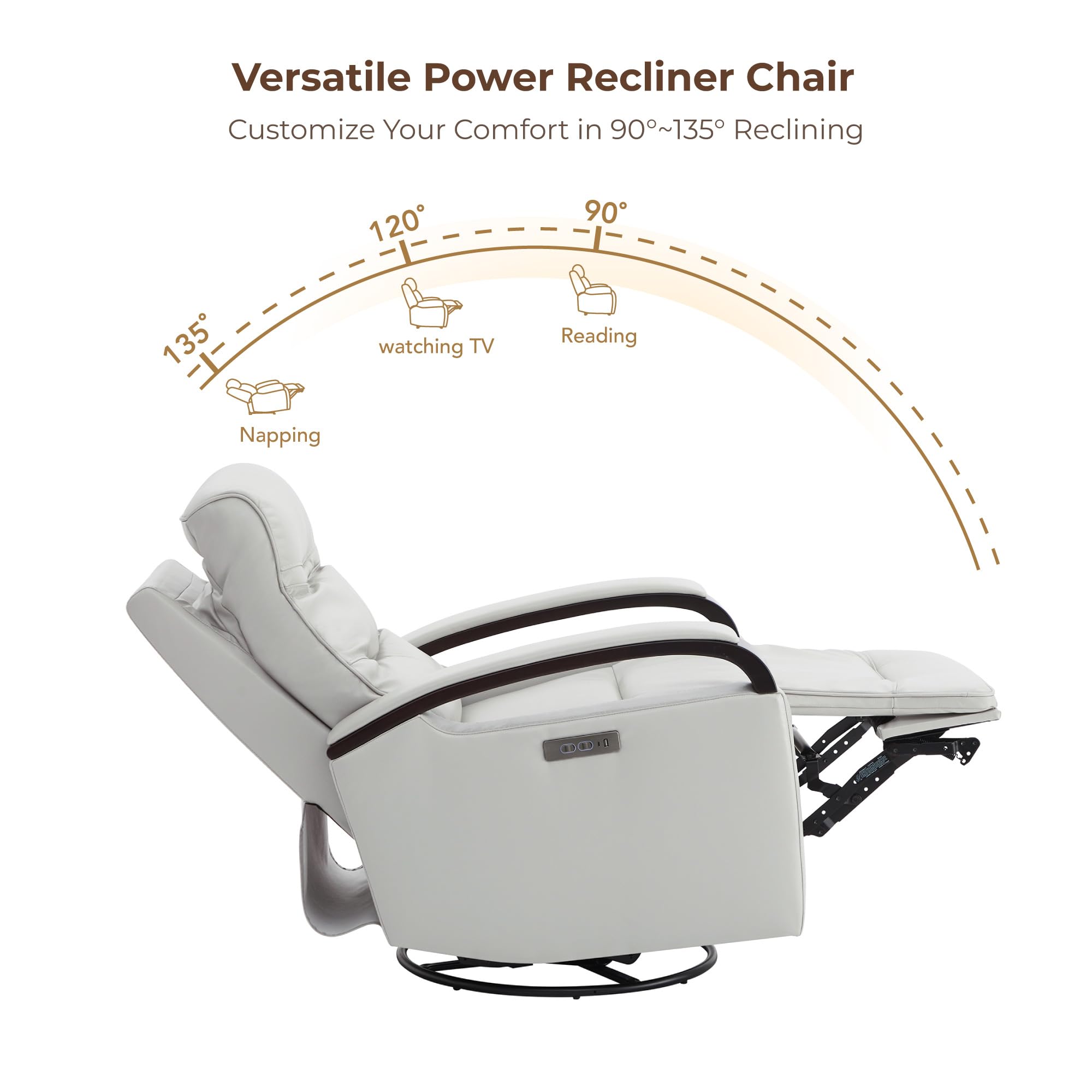 Genuine Leather Power Swivel Glider Rocker Recliner, FSC Certified Mid Century Modern Recliner Chair for Adults, Adjustable Power Headrest, for Nursery and Living Room, Creamy Grey