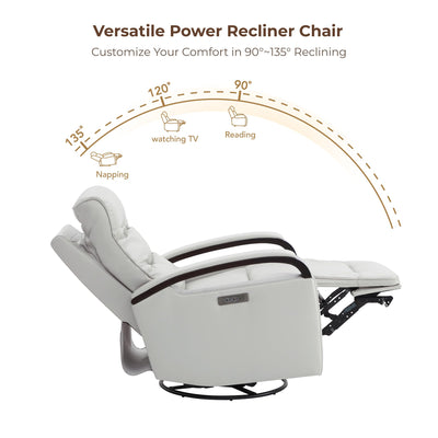 Genuine Leather Power Swivel Glider Rocker Recliner, FSC Certified Mid Century Modern Recliner Chair for Adults, Adjustable Power Headrest, for Nursery and Living Room, Creamy Grey