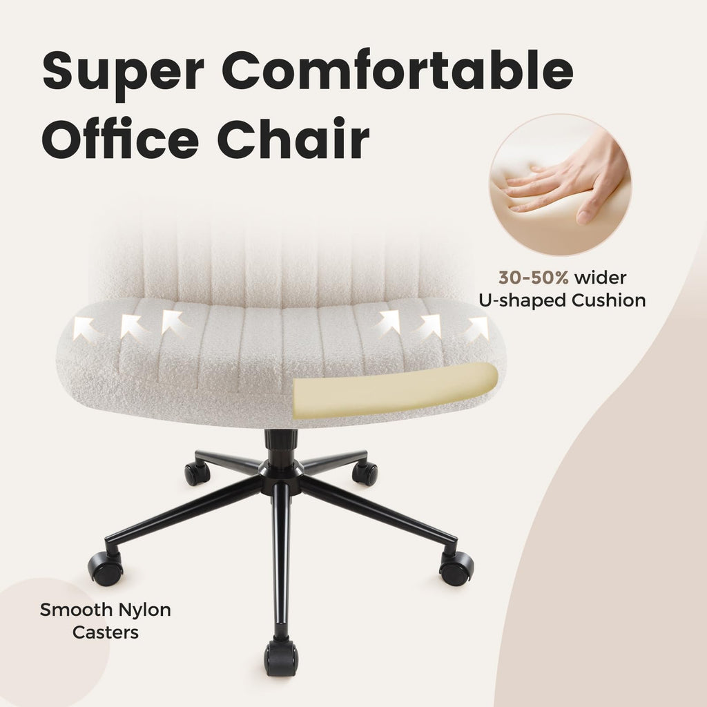 Criss Cross Chair Cross Legged Office Chair with Wheels Armless Wide Seat Desk Chairs Height Adjustable Computer Task Chairs Swivel Vanity Chair for Home Office Bedroom Make Up Teddy Fabric White