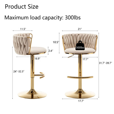 Gold Velvet Bar Stools Set of 2, Swivel Counter Height Bar Stools with Back, Adjustable Woven Barstools for Kitchen Island, Pub, Club (Beige)