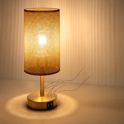 Bedside Lamp with USB Port - Touch Control Table Lamp for Bedroom Wood 3 Way Dimmable Nightstand Lamp with Round Flaxen Fabric Shade for Home Office (LED Bulb Included) (Y - NET)