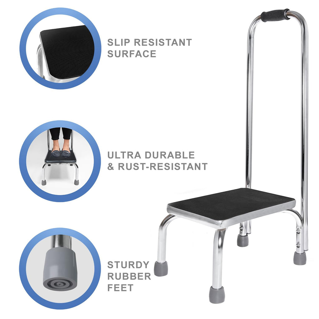 Medical Foot Step Stool with Handle and Anti Skid Rubber Platform, Lightweight and Sturdy Stool for Children, Adults and Seniors, Chrome