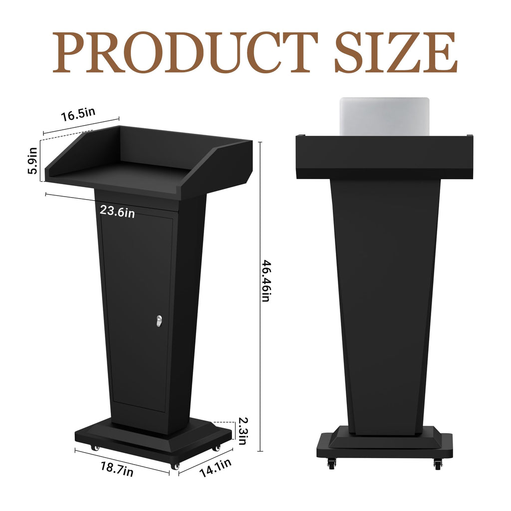 Podium Stand with 4 Locking Wheels, Heavy-Duty Metal Lectern for Church, School, Office, and Conference, Large Lockable Storage Cabinet, 43.7" H, Black