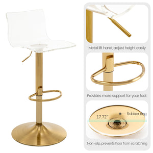 Acrylic Bar Stools with Mid Back, Set of 2, Transparent Adjustable Swivel Airlift Barstools, Counter Height Bar Chairs for Kitchen Dining Pub Cafe (Clear, Gold Base)