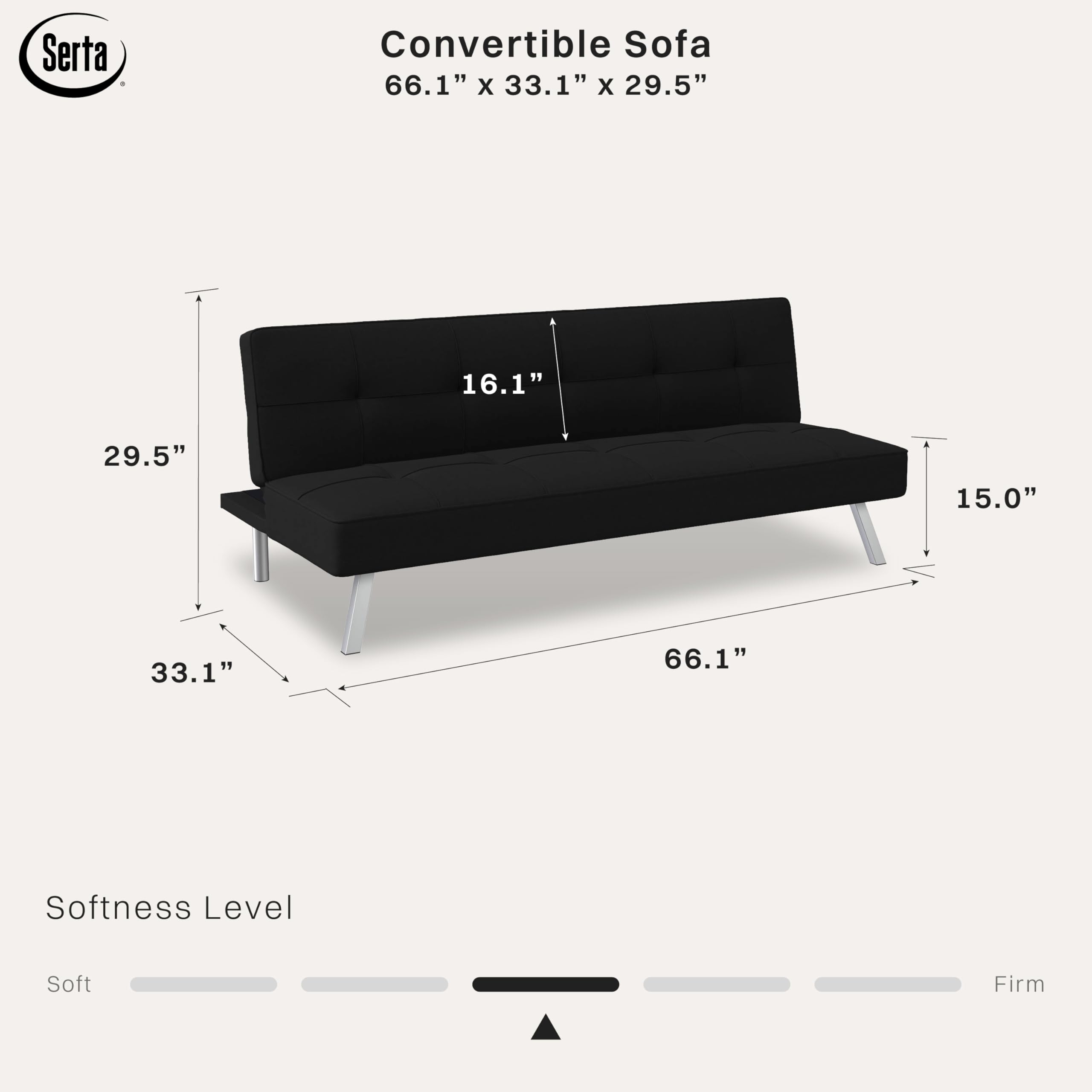 Futon Sofa Bed 66.1", 3-in-1 Convertible Couch Sleeper for Small Spaces, Tufted Back, Twin Size Guest Bed, Black Woven Fabric
