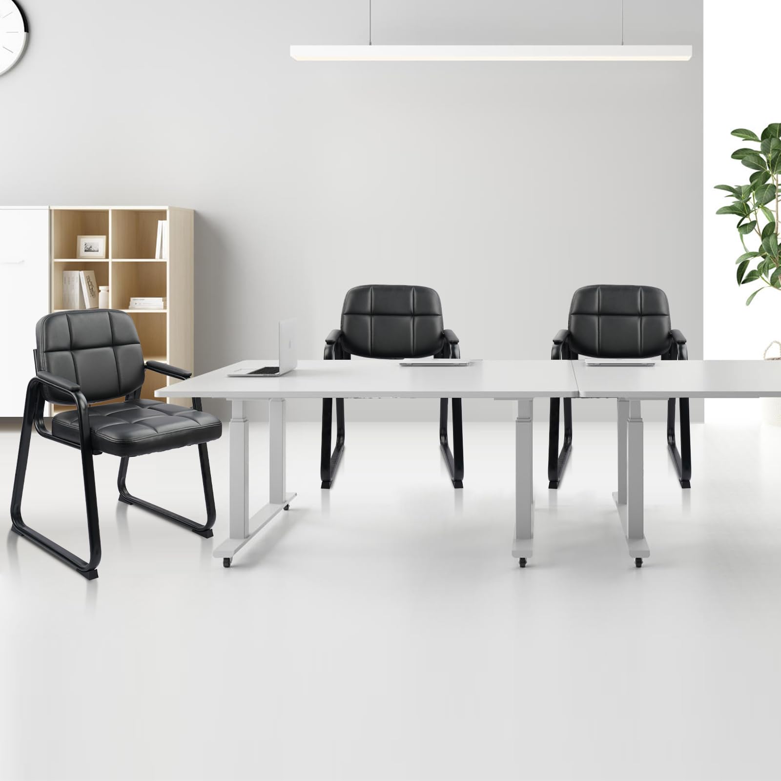 Waiting Room Guest Chair with Bonded Leather Padded Arm Rest for Office Reception and Conference Desk Black with Sled Base 4 Pack