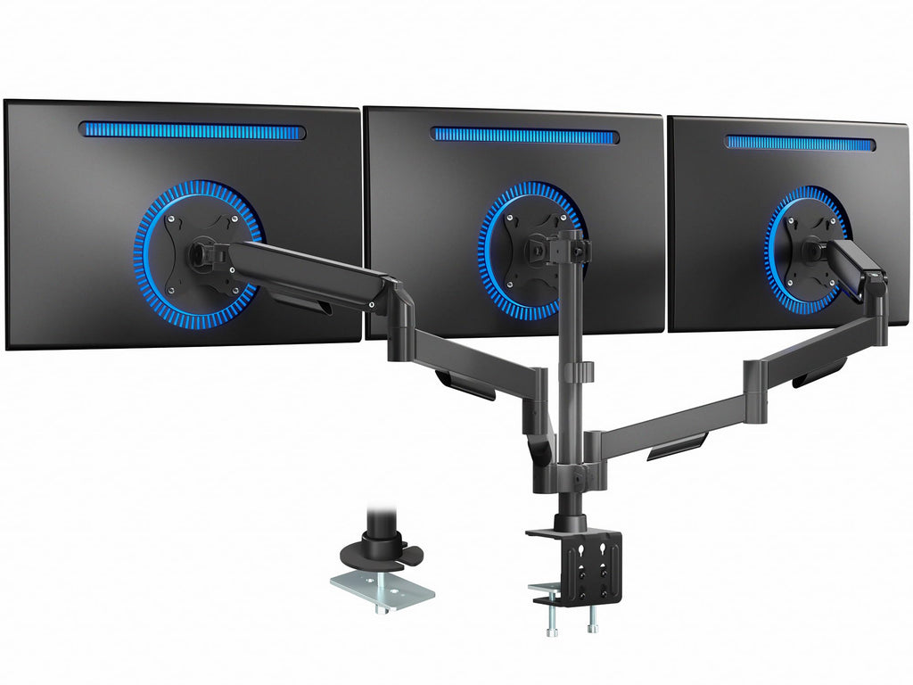 Triple Monitor Stand, Fully Adjustable Arms for 17 to 27 inch Screens, Mechanical Articulating Desk Mount, Gaming and Office Setups, VESA 75x75, 100x100, Max 19.8 lbs, Classic, Black, STAND-V003O